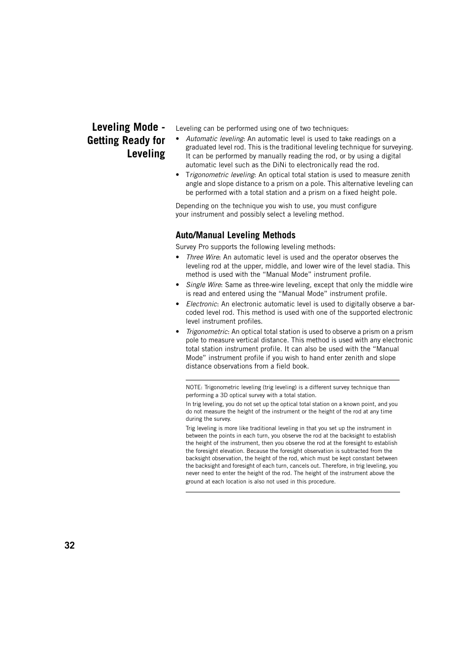 Leveling mode - getting ready for leveling, Auto/manual leveling methods | Spectra Precision Survey Pro v5.3 User Manual | Page 40 / 106