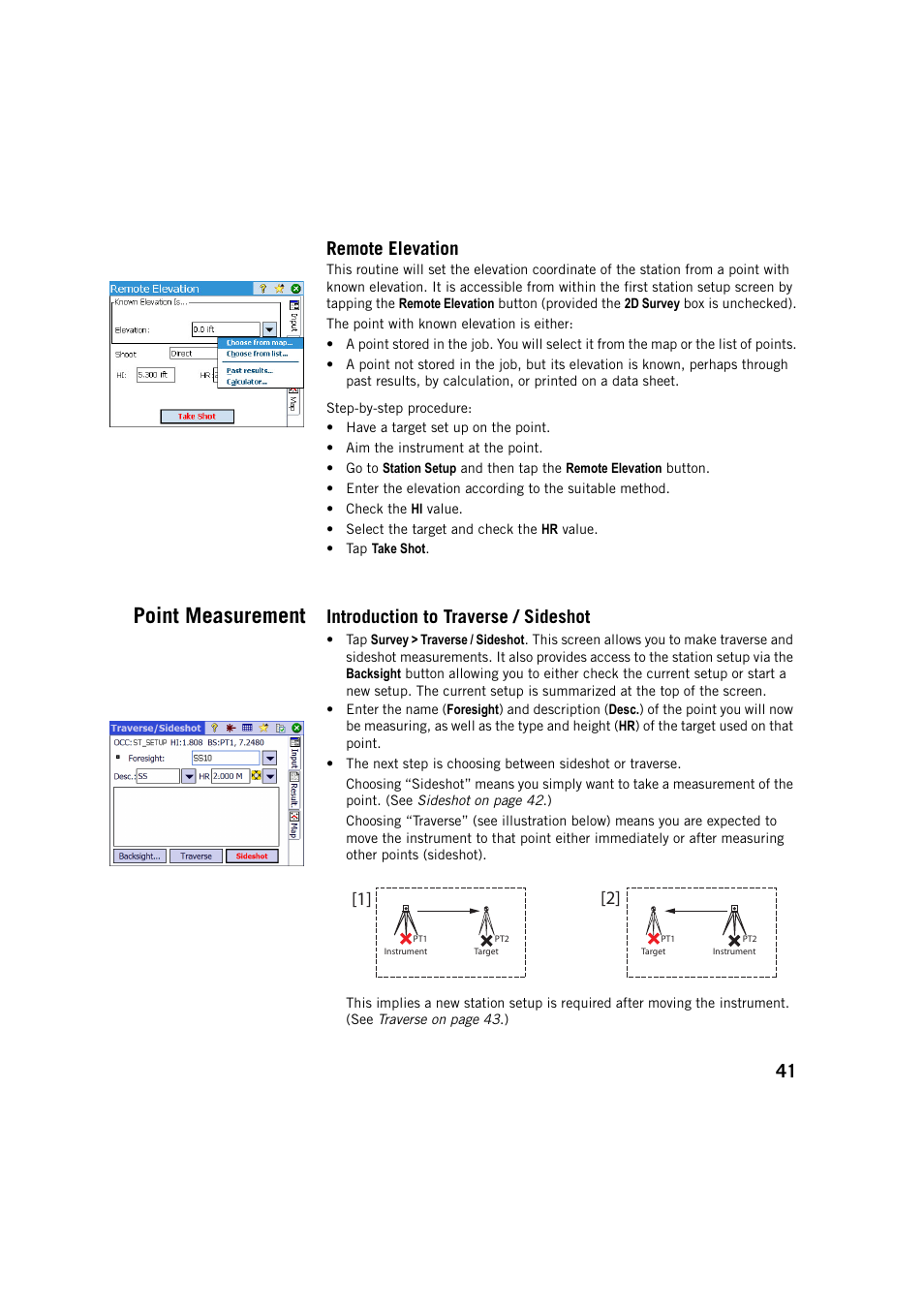 Remote elevation, Point measurement, Introduction to traverse / sideshot | 41 remote elevation | Spectra Precision Survey Pro v5.3 User Manual | Page 49 / 106