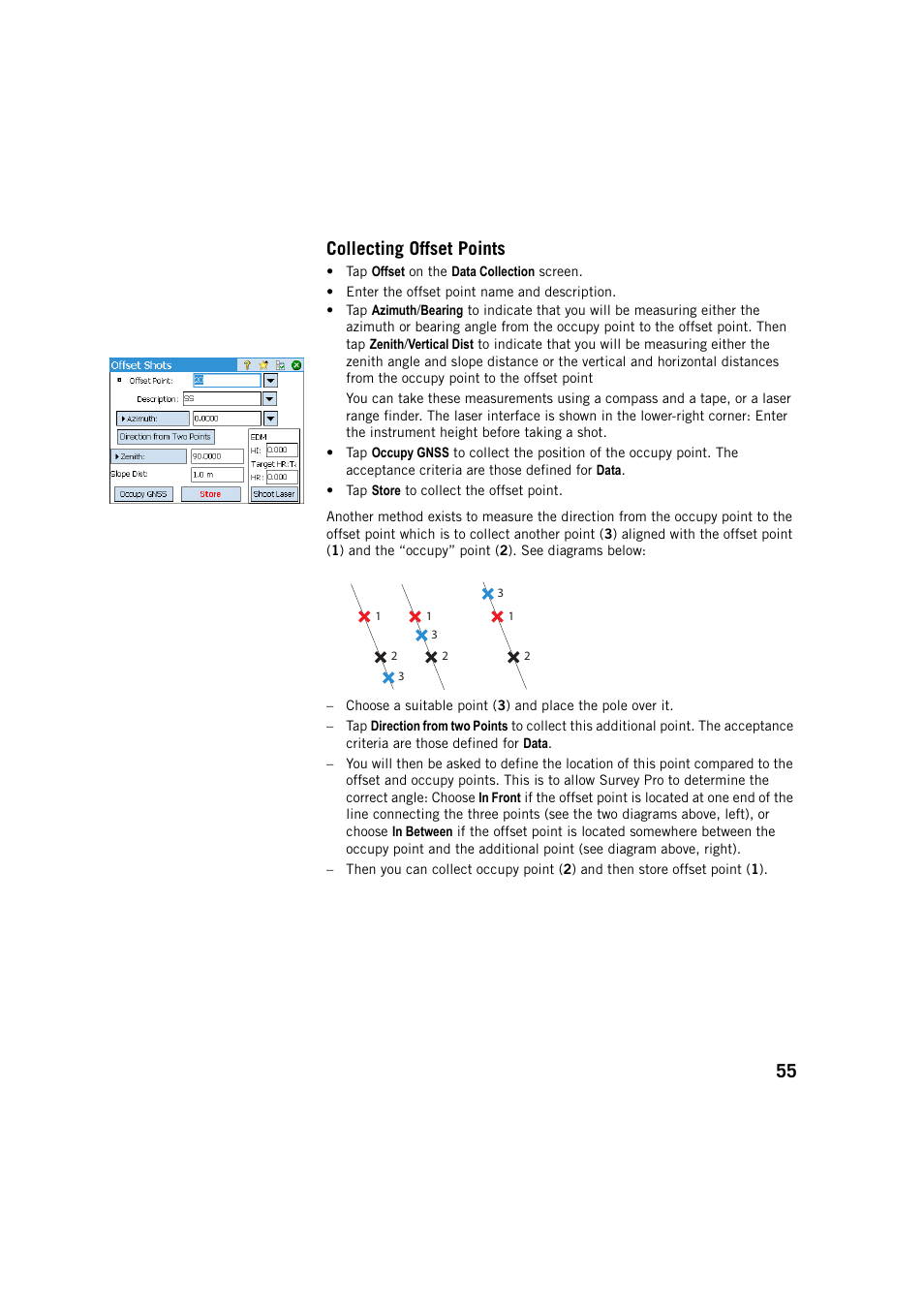 Collecting offset points, 55 collecting offset points | Spectra Precision Survey Pro v5.3 User Manual | Page 63 / 106