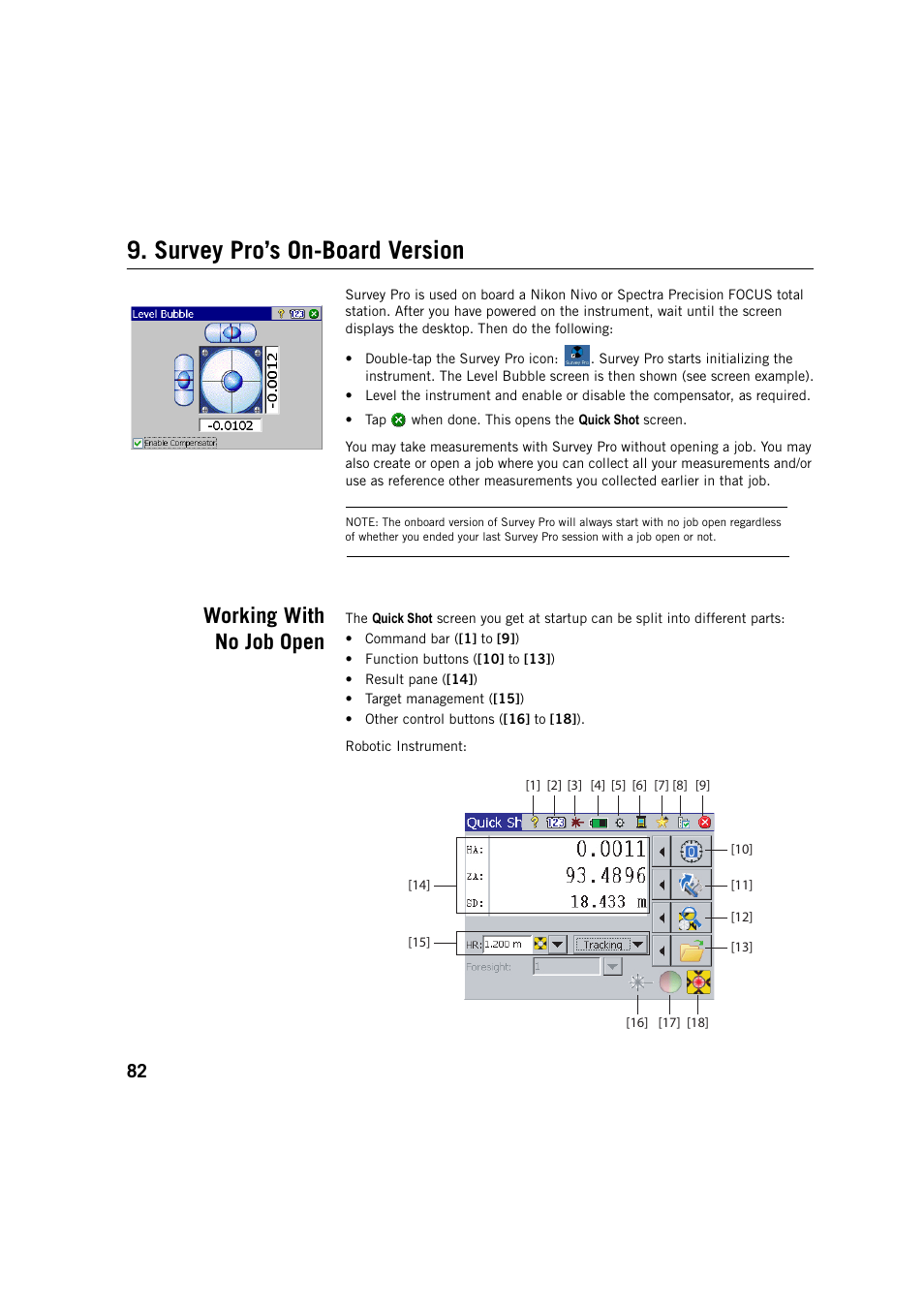 Survey pro’s on-board version, Working with no job open | Spectra Precision Survey Pro v5.3 User Manual | Page 90 / 106