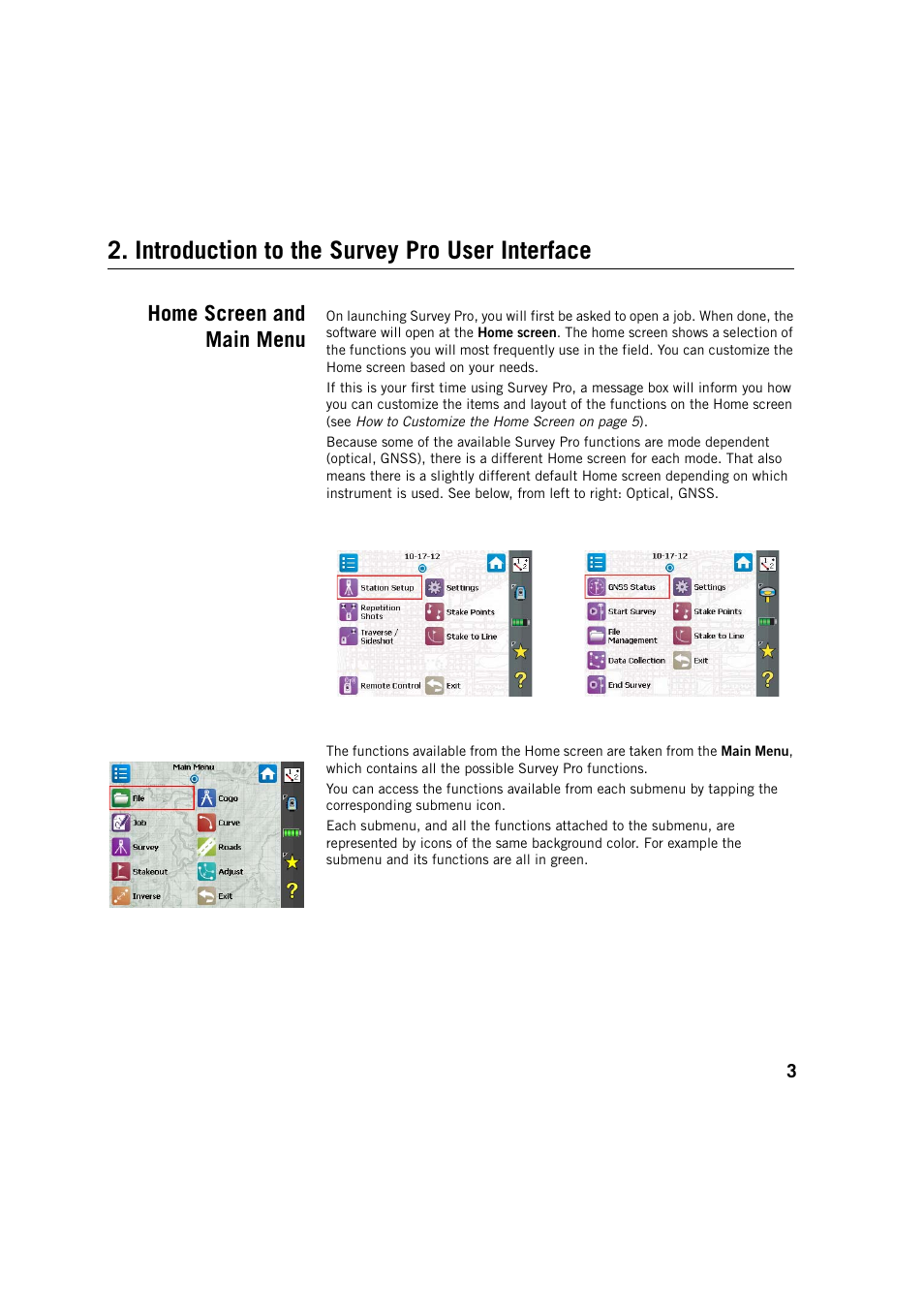 Introduction to the survey pro user interface, Home screen and main menu | Spectra Precision Survey Pro v5.2 User Manual | Page 11 / 88