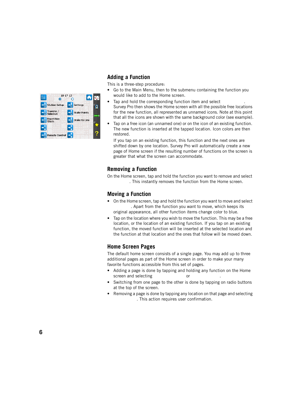 6adding a function, Removing a function, Moving a function | Home screen pages | Spectra Precision Survey Pro v5.2 User Manual | Page 14 / 88