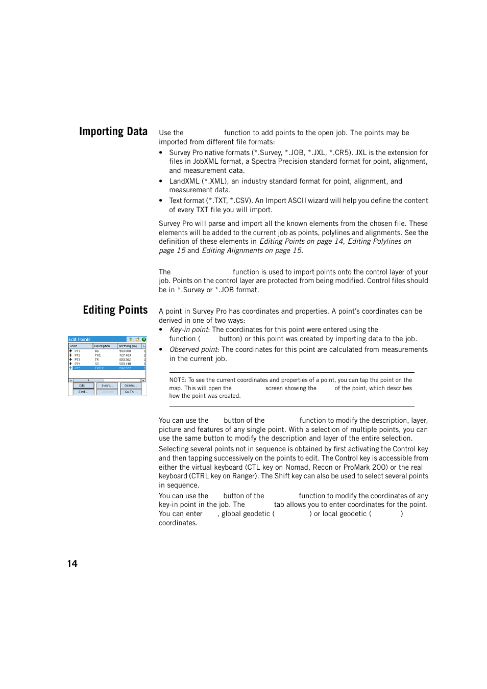 Importing data, Editing points, Importing data editing points | Spectra Precision Survey Pro v5.2 User Manual | Page 22 / 88