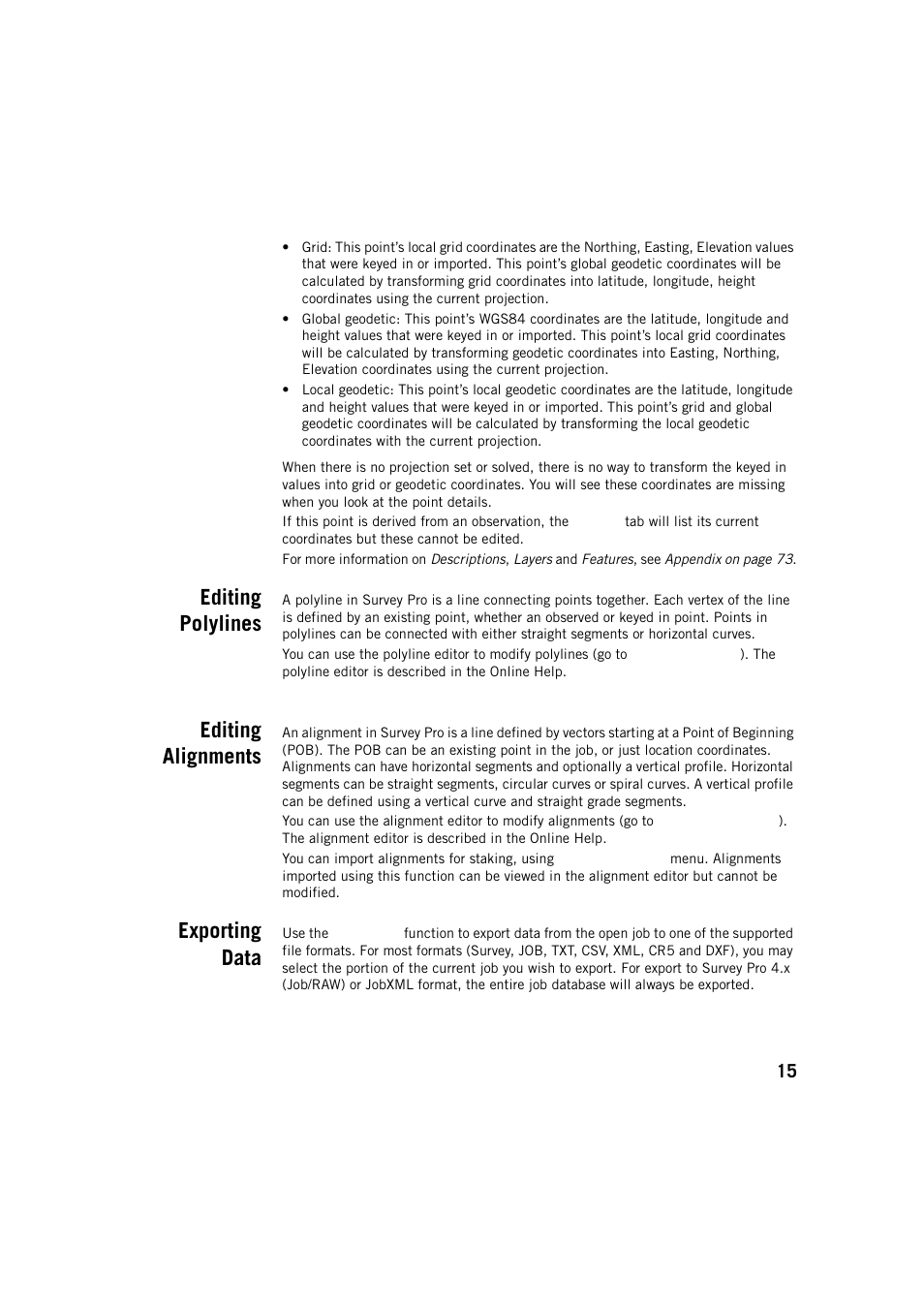 Editing polylines, Editing alignments, Exporting data | Spectra Precision Survey Pro v5.2 User Manual | Page 23 / 88
