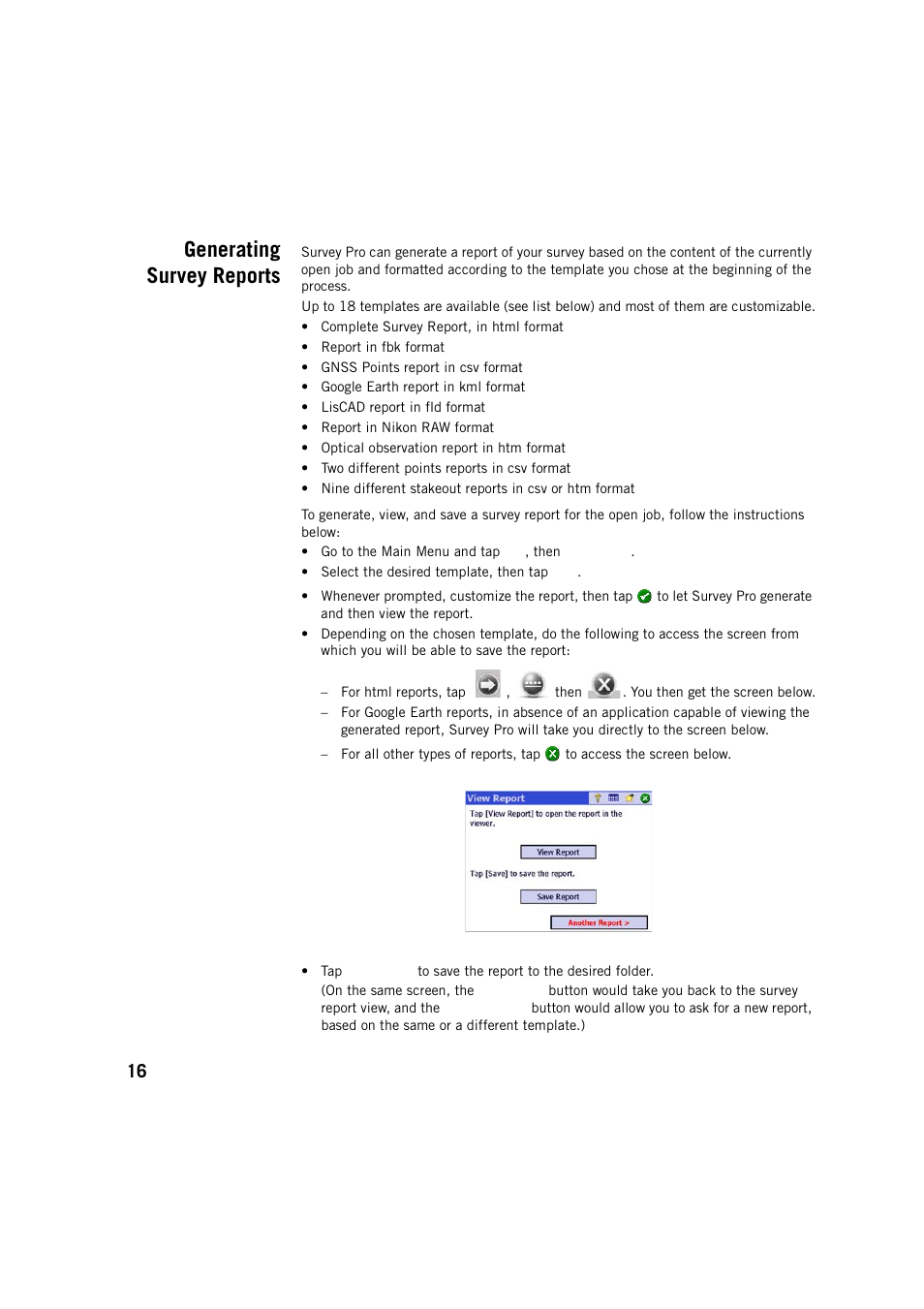 Generating survey reports | Spectra Precision Survey Pro v5.2 User Manual | Page 24 / 88