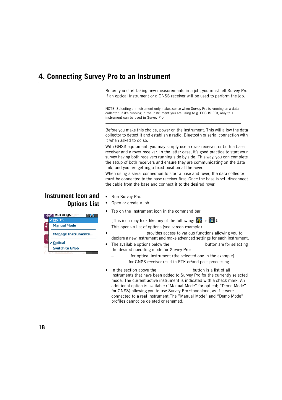 Connecting survey pro to an instrument, Instrument icon and options list | Spectra Precision Survey Pro v5.2 User Manual | Page 26 / 88
