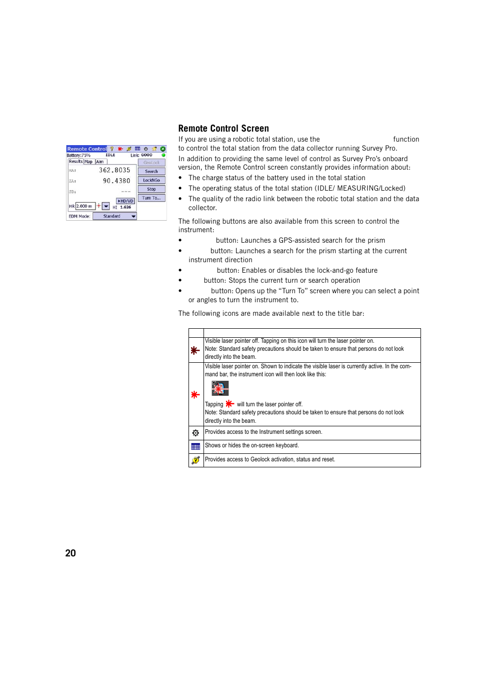 Remote control screen, 20 remote control screen | Spectra Precision Survey Pro v5.2 User Manual | Page 28 / 88
