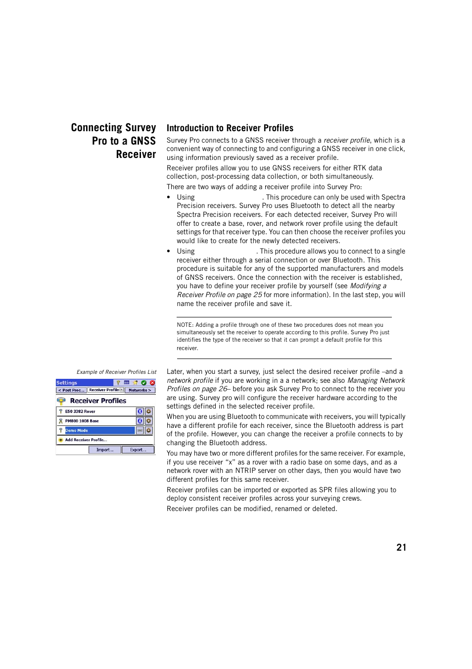 Connecting survey pro to a gnss receiver, Introduction to receiver profiles | Spectra Precision Survey Pro v5.2 User Manual | Page 29 / 88