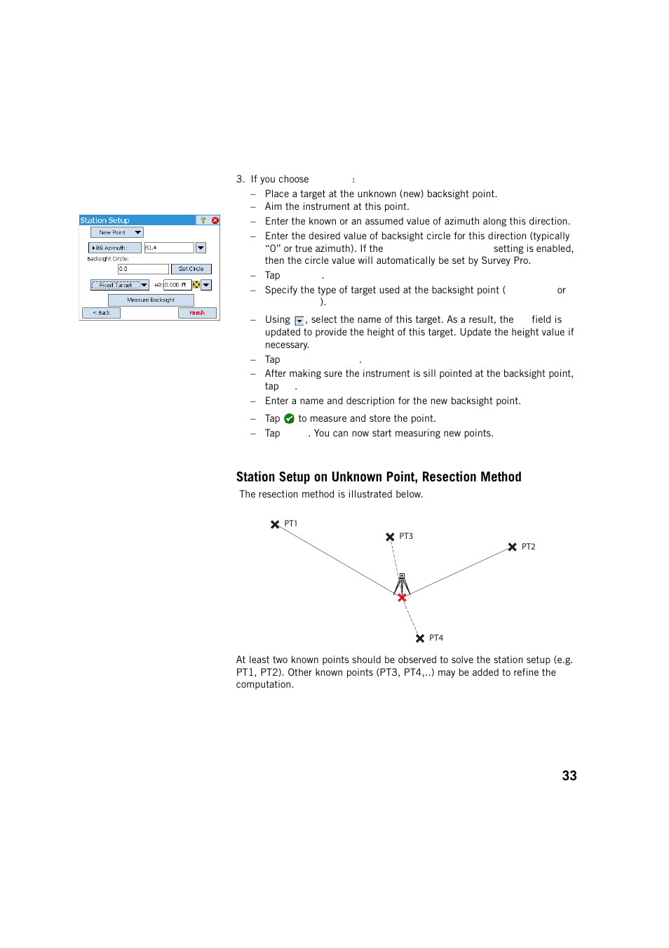 Station setup on unknown point, resection method | Spectra Precision Survey Pro v5.2 User Manual | Page 41 / 88