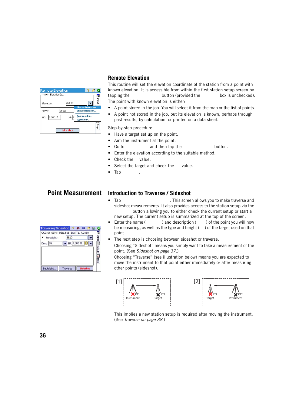 Remote elevation, Point measurement, Introduction to traverse / sideshot | 36 remote elevation | Spectra Precision Survey Pro v5.2 User Manual | Page 44 / 88