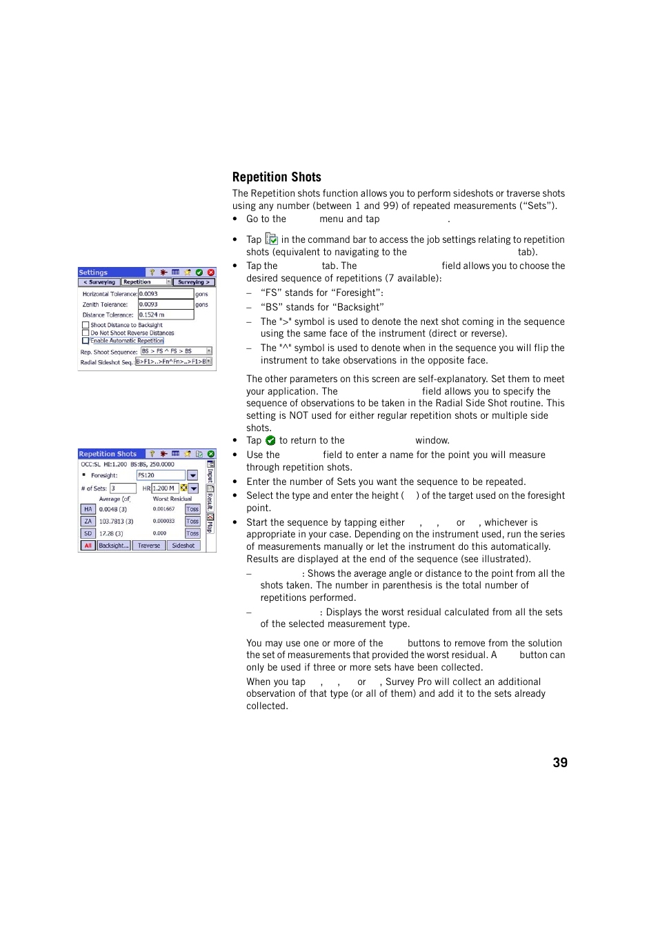 Repetition shots, 39 repetition shots | Spectra Precision Survey Pro v5.2 User Manual | Page 47 / 88