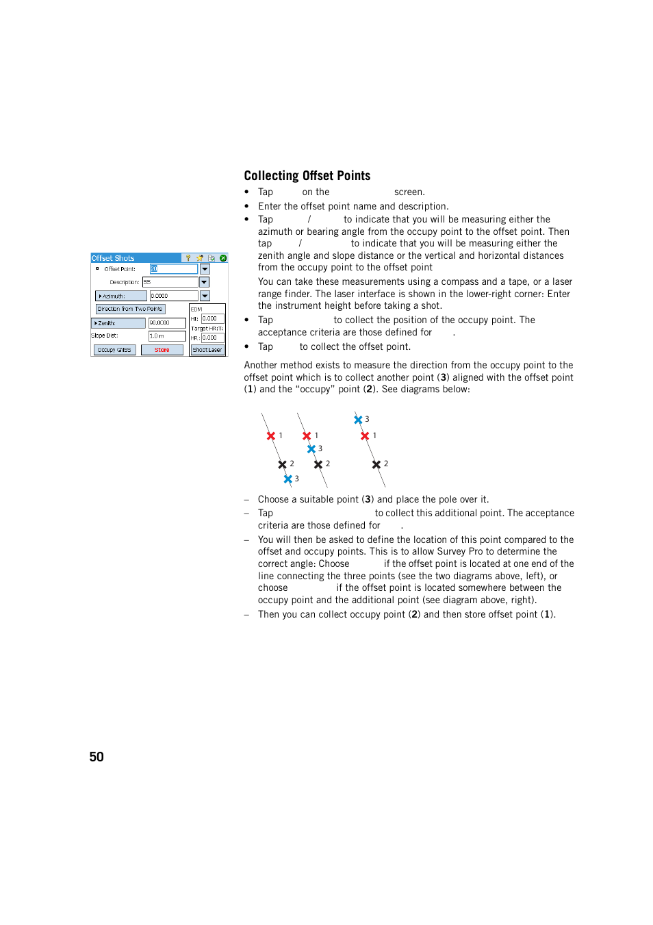 Collecting offset points, 50 collecting offset points | Spectra Precision Survey Pro v5.2 User Manual | Page 58 / 88