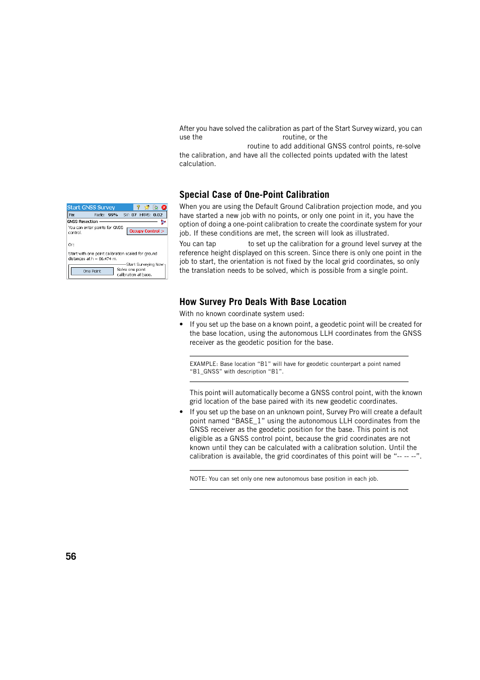 Special case of one-point calibration, How survey pro deals with base location | Spectra Precision Survey Pro v5.2 User Manual | Page 64 / 88