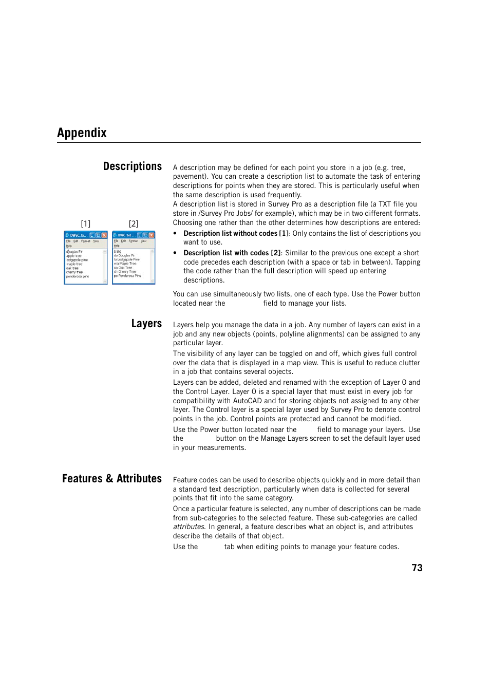 Appendix, Descriptions, Layers | Features & attributes, Descriptions layers features & attributes | Spectra Precision Survey Pro v5.2 User Manual | Page 81 / 88