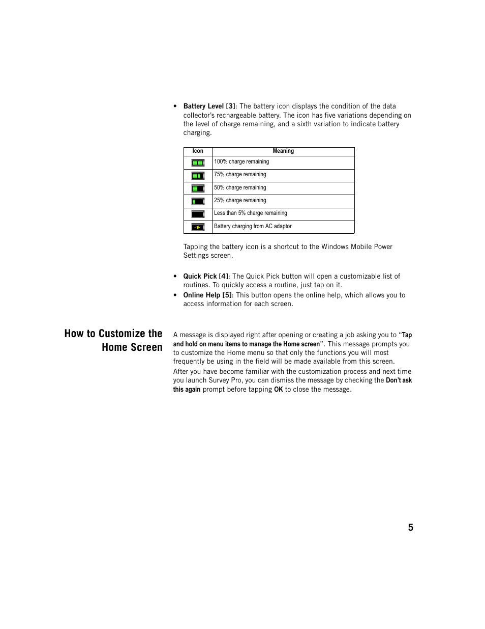 How to customize the home screen | Spectra Precision Survey Pro v5.1 User Manual | Page 11 / 76