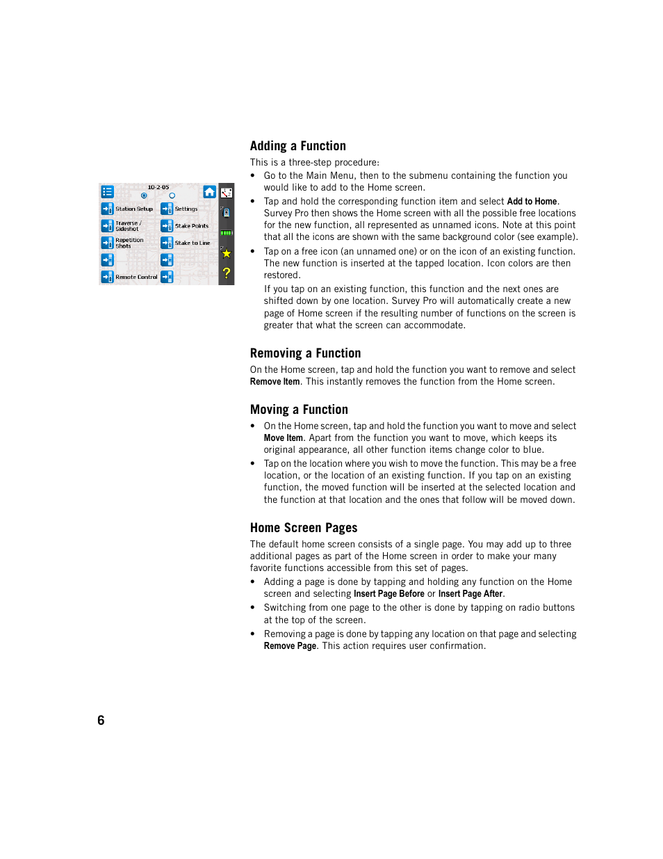 Adding a function, Removing a function, Moving a function | Spectra Precision Survey Pro v5.1 User Manual | Page 12 / 76
