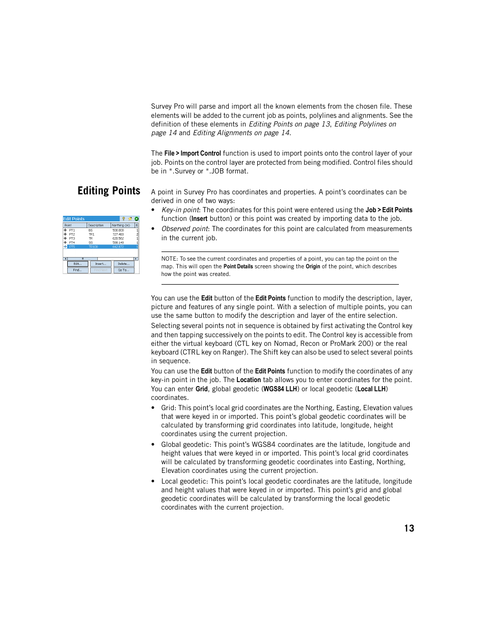 Editing points | Spectra Precision Survey Pro v5.1 User Manual | Page 19 / 76