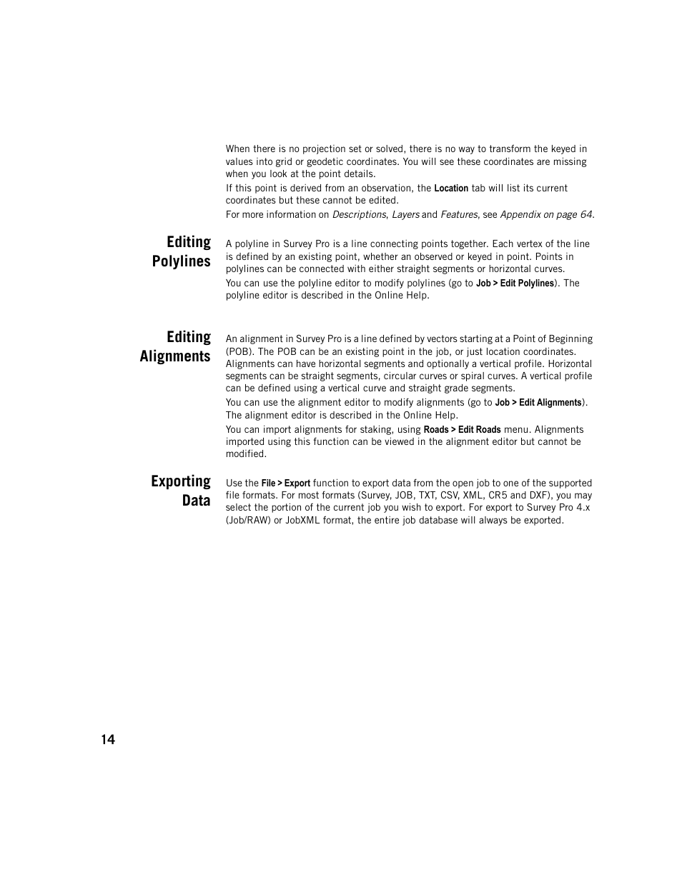 Editing polylines, Editing alignments, Exporting data | Spectra Precision Survey Pro v5.1 User Manual | Page 20 / 76