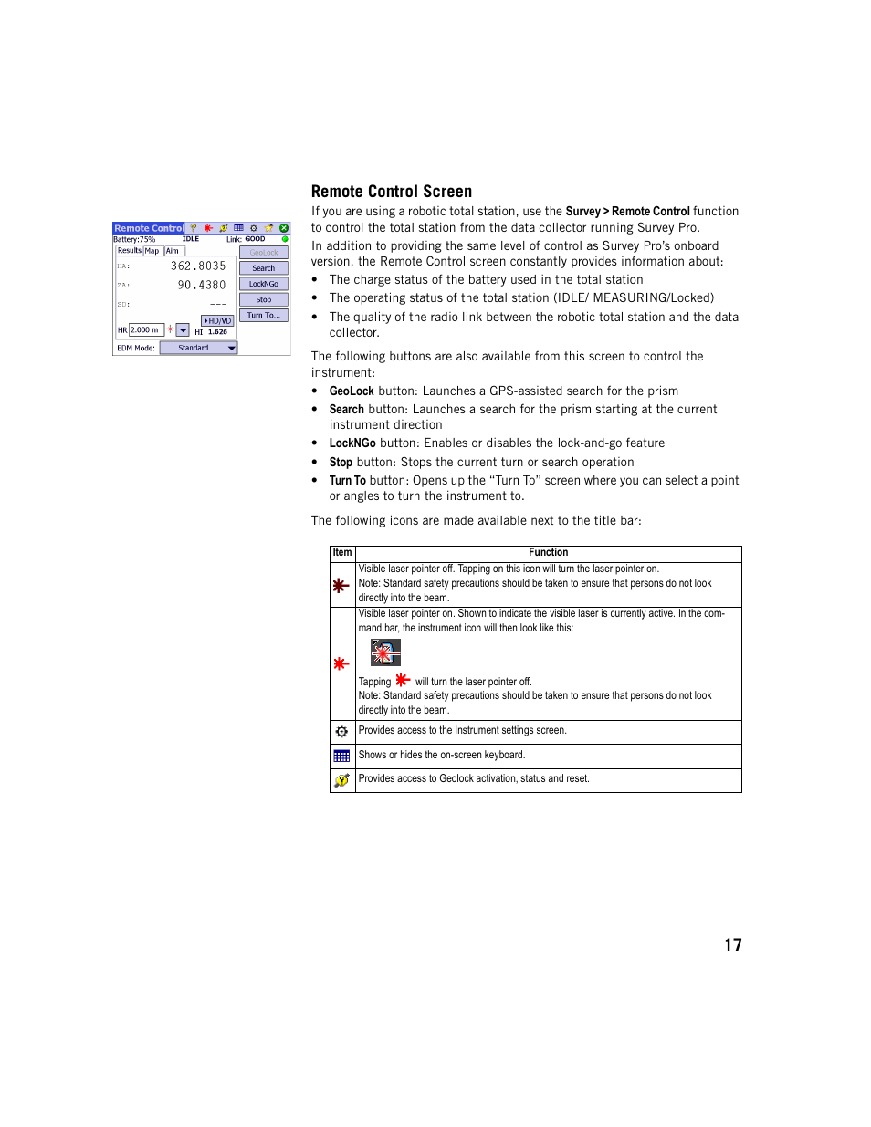 Remote control screen, 17 remote control screen | Spectra Precision Survey Pro v5.1 User Manual | Page 23 / 76