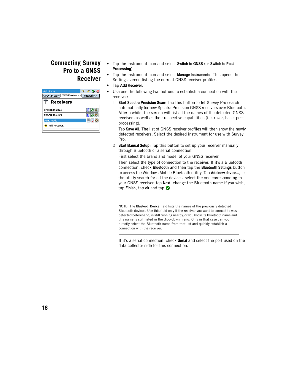 Connecting survey pro to a gnss receiver | Spectra Precision Survey Pro v5.1 User Manual | Page 24 / 76