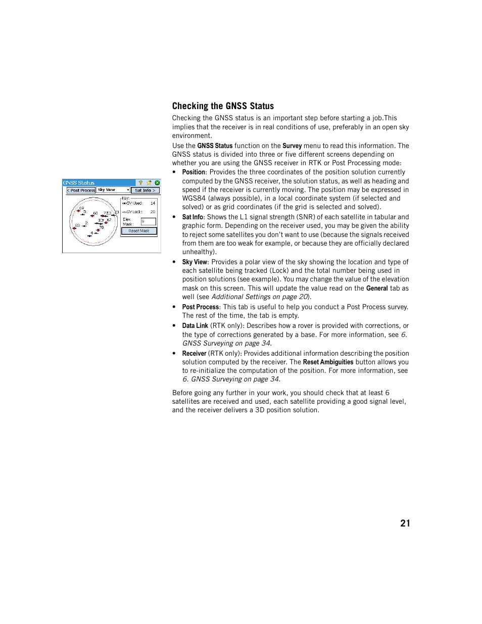 Checking the gnss status, 21 checking the gnss status | Spectra Precision Survey Pro v5.1 User Manual | Page 27 / 76