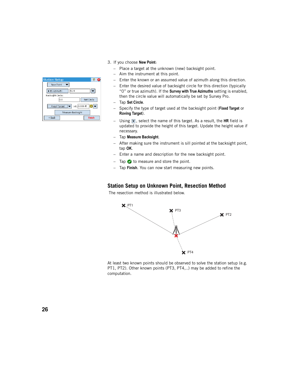 Station setup on unknown point, resection method | Spectra Precision Survey Pro v5.1 User Manual | Page 32 / 76