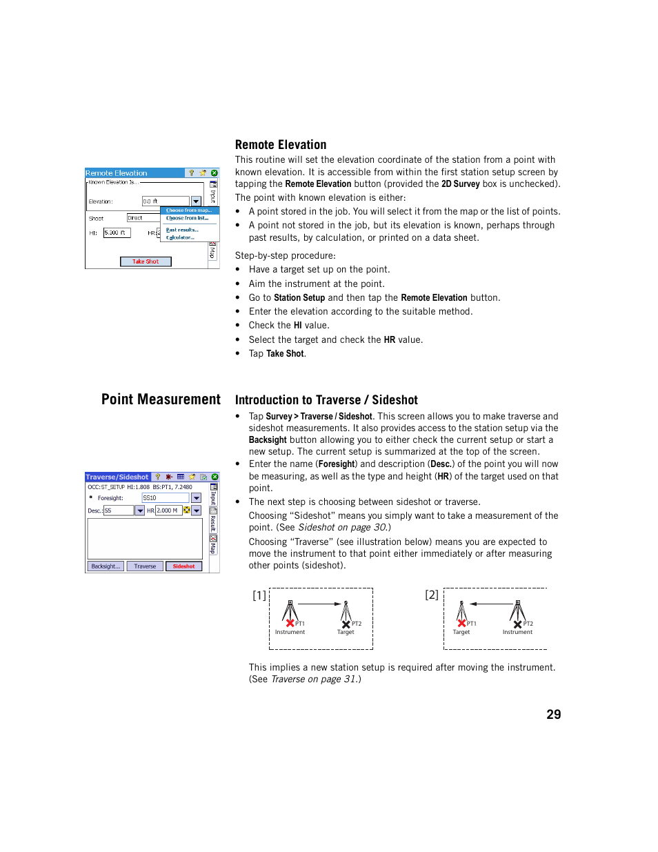 Point measurement, Remote elevation, Introduction to traverse / sideshot | 29 remote elevation | Spectra Precision Survey Pro v5.1 User Manual | Page 35 / 76