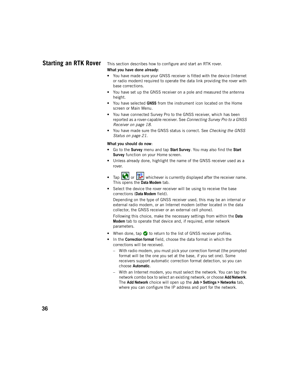 Starting an rtk rover | Spectra Precision Survey Pro v5.1 User Manual | Page 42 / 76