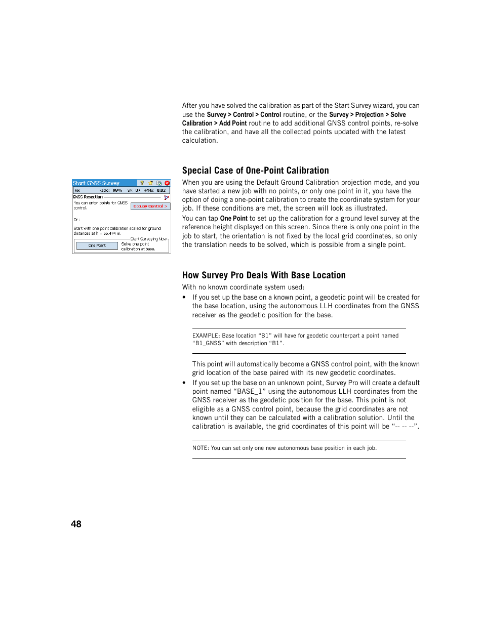 Special case of one-point calibration, How survey pro deals with base location | Spectra Precision Survey Pro v5.1 User Manual | Page 54 / 76