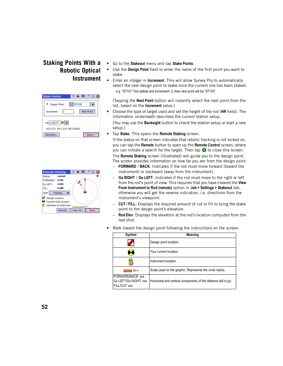 Staking points with a robotic optical instrument | Spectra Precision Survey Pro v5.1 User Manual | Page 58 / 76