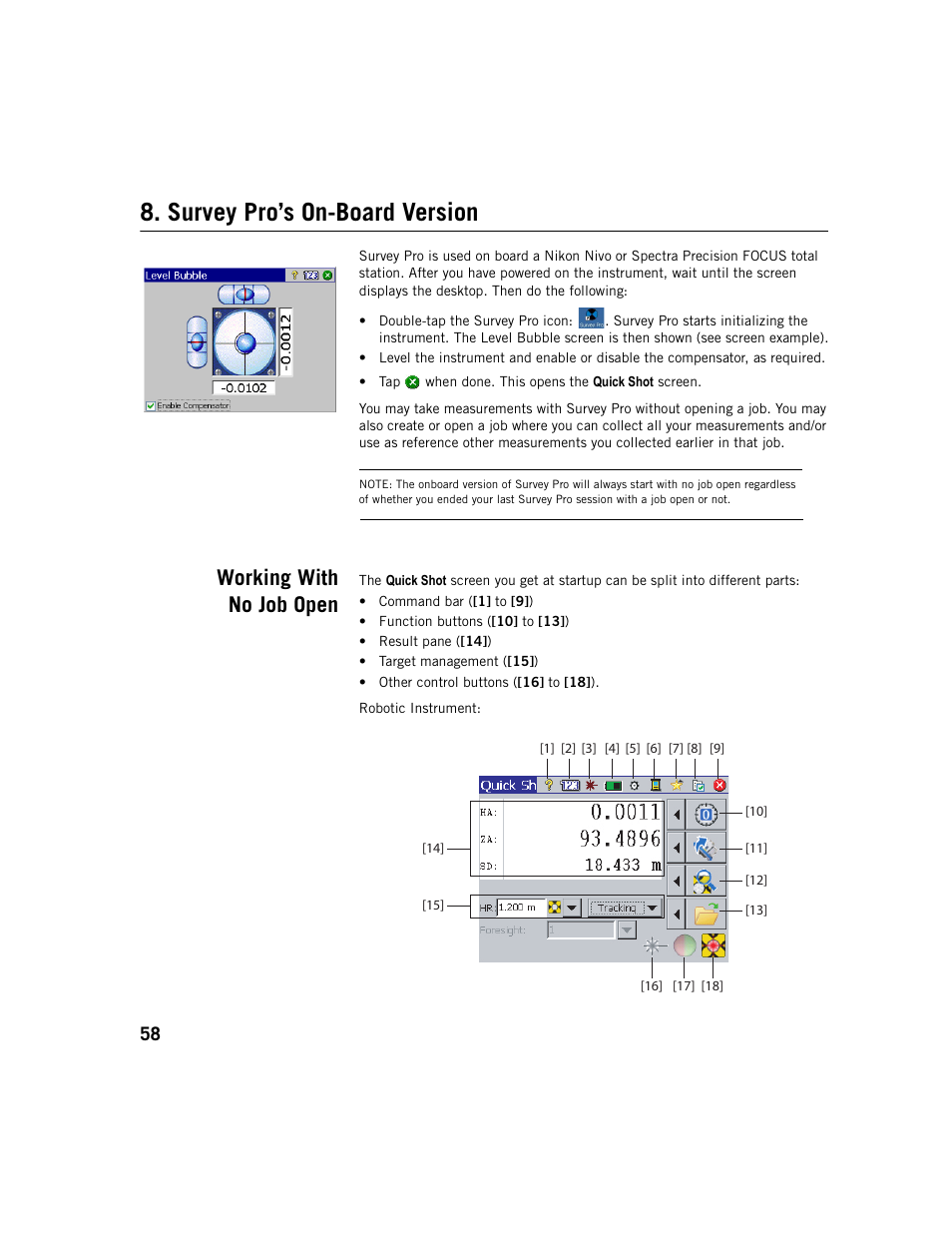 Survey pro’s on-board version, Working with no job open | Spectra Precision Survey Pro v5.1 User Manual | Page 64 / 76