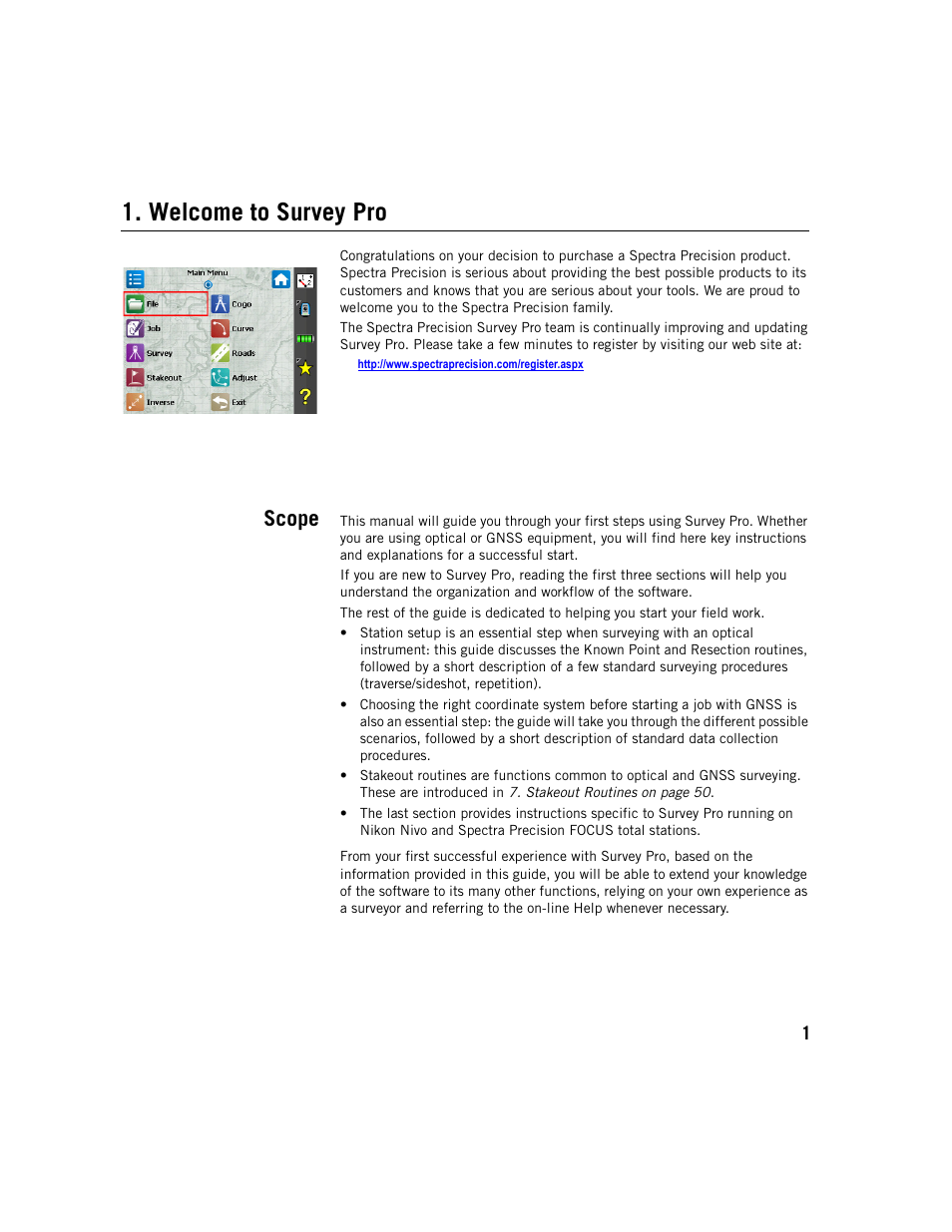 Welcome to survey pro, Scope | Spectra Precision Survey Pro v5.1 User Manual | Page 7 / 76
