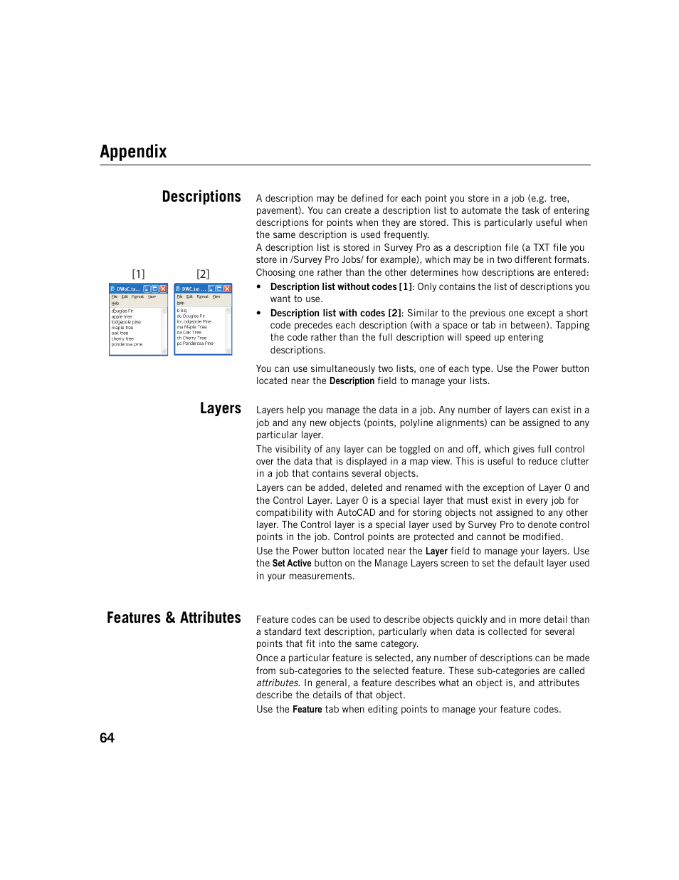 Appendix, Descriptions, Layers | Features & attributes, Descriptions layers features & attributes | Spectra Precision Survey Pro v5.1 User Manual | Page 70 / 76