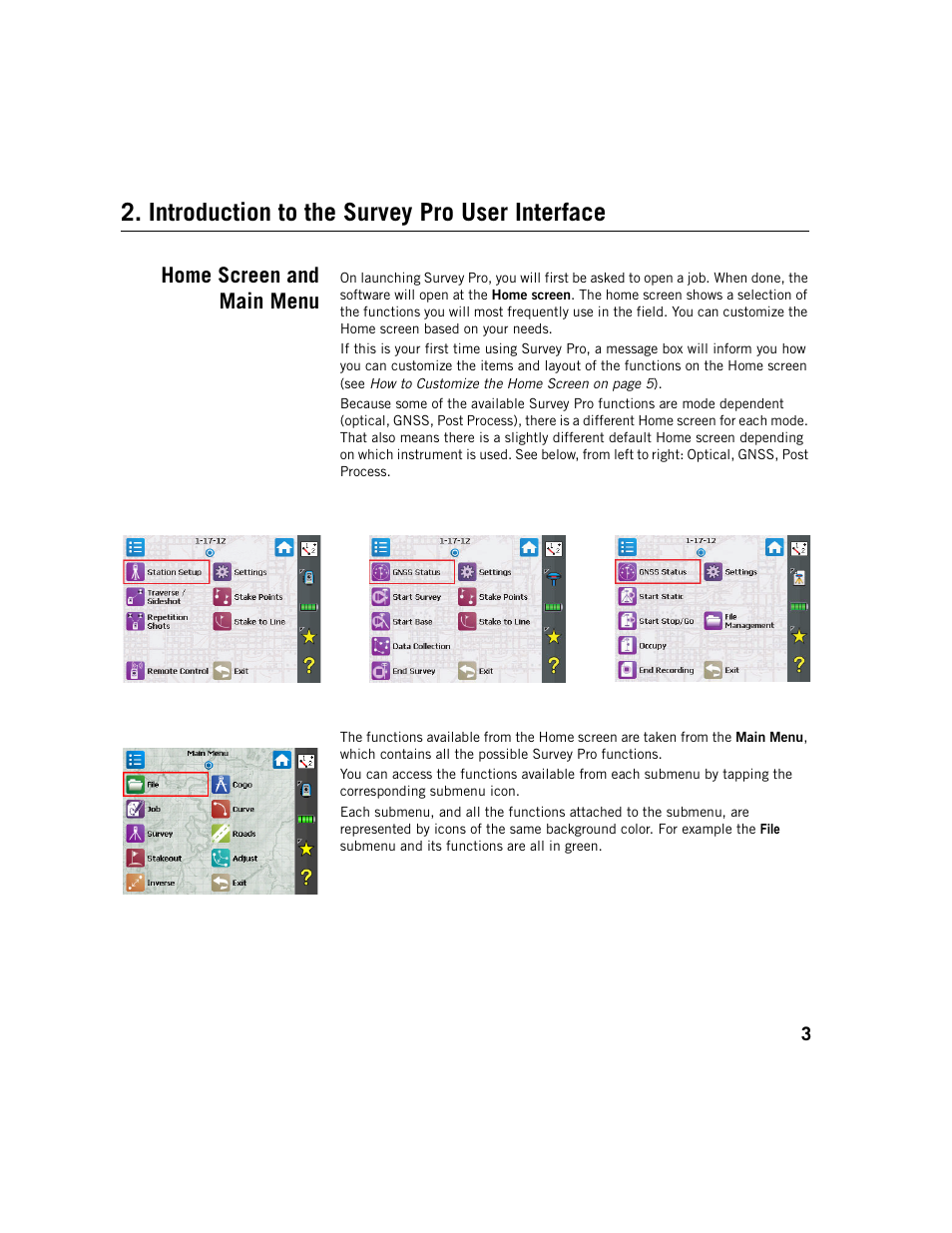 Introduction to the survey pro user interface, Home screen and main menu | Spectra Precision Survey Pro v5.1 User Manual | Page 9 / 76
