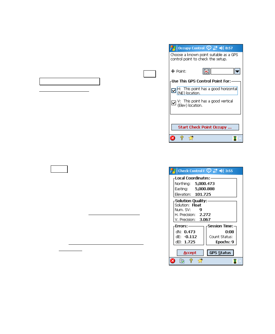 Collect check point prompt, Collect check point screen | Spectra Precision Survey Pro v4.6 Recon and Nomad User Manual User Manual | Page 358 / 367