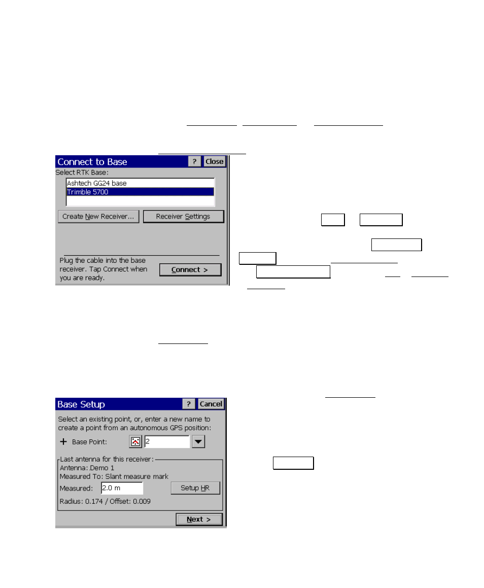 Start gps survey – connect to receiver, Start gps survey – base setup, Base setup one – pick point | Spectra Precision Survey Pro v4.6 Ranger User Manual User Manual | Page 261 / 337