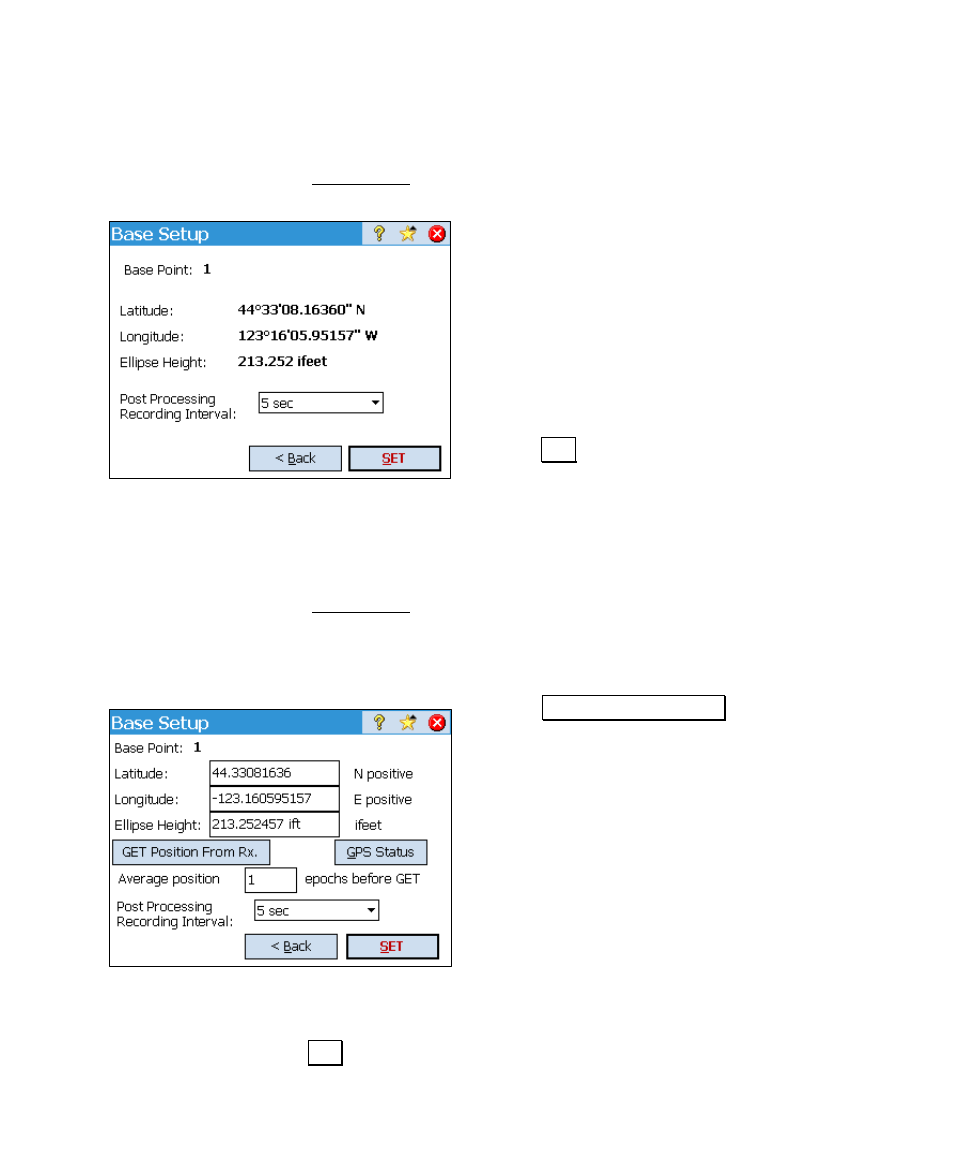 Base setup two – set, Base setup two - get and set | Spectra Precision Survey Pro v4.6 Ranger User Manual User Manual | Page 263 / 337