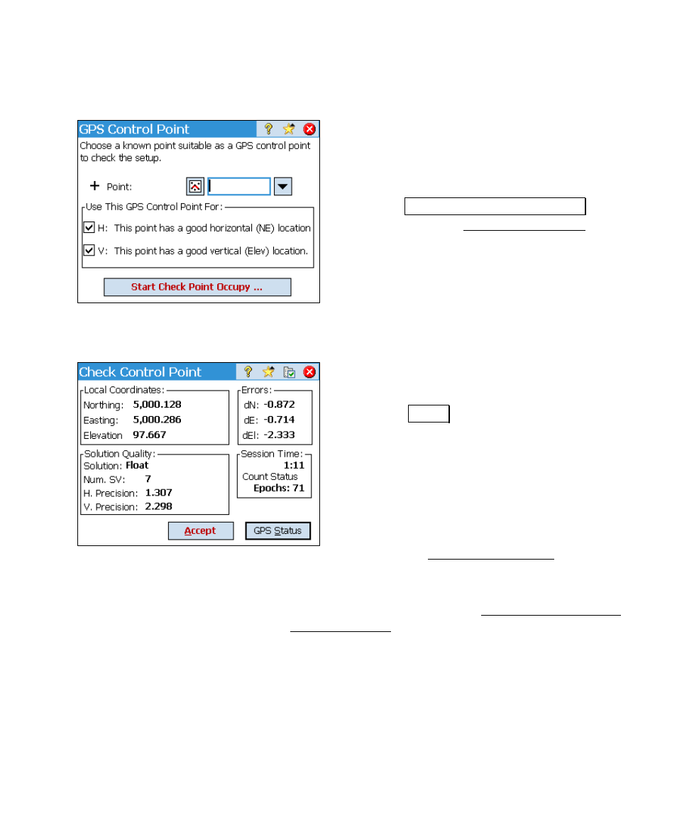 Collect check point prompt, Collect check point screen | Spectra Precision Survey Pro v4.6 Ranger User Manual User Manual | Page 329 / 337