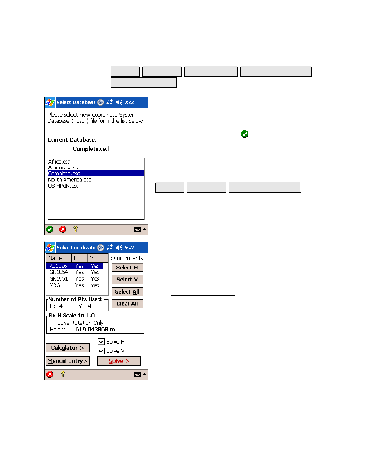 Solve localization, 215), wh, Select database | Solve localization – control points | Spectra Precision Survey Pro v4.6 Recon-Nomad Reference Manual User Manual | Page 223 / 481