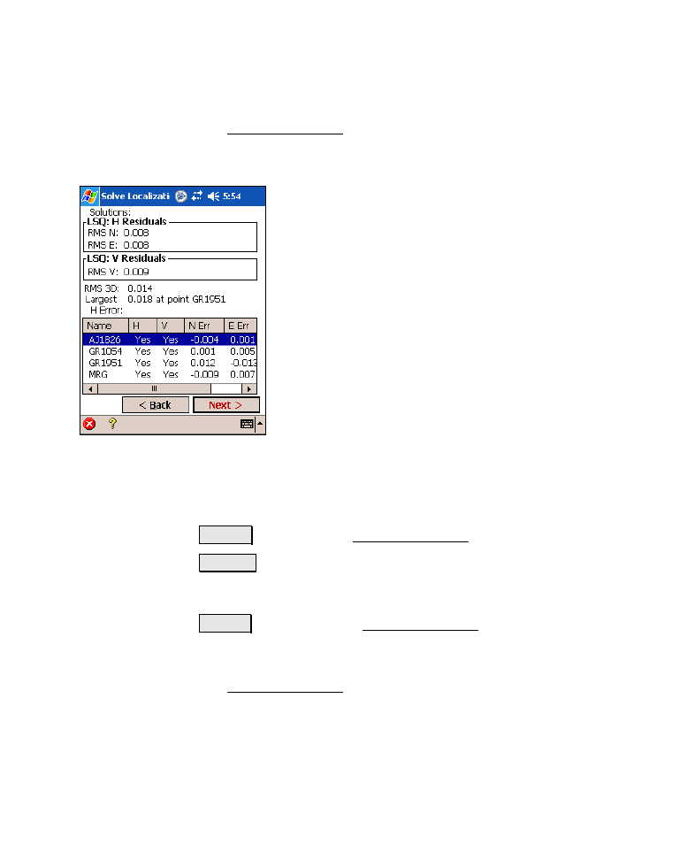 Solve localization – residuals, Solve localization – manual parameters | Spectra Precision Survey Pro v4.6 Recon-Nomad Reference Manual User Manual | Page 225 / 481