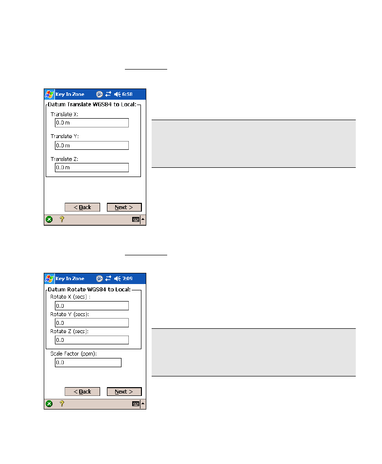 Key in zone - datum translation, Key in zone - datum rotation and scale | Spectra Precision Survey Pro v4.6 Recon-Nomad Reference Manual User Manual | Page 237 / 481