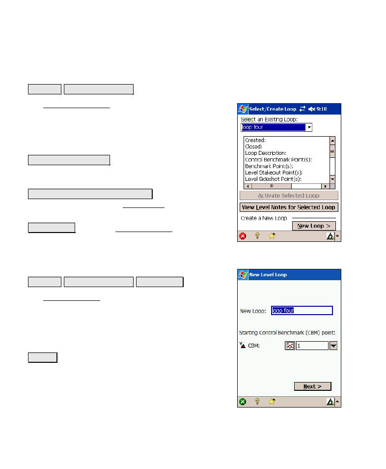 Select/create loop, New level loop | Spectra Precision Survey Pro v4.6 Recon-Nomad Reference Manual User Manual | Page 274 / 481
