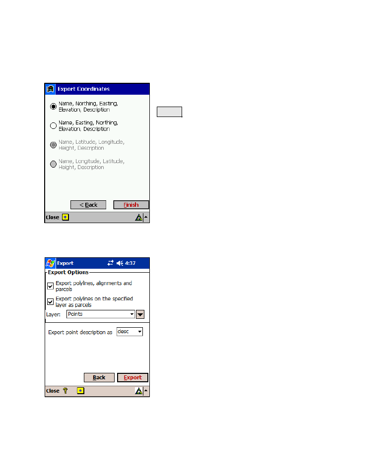 Export *.txt coordinates – screen two, Export *.csv coordinates, Export landxml (.xml) file | Spectra Precision Survey Pro v4.6 Recon-Nomad Reference Manual User Manual | Page 33 / 481