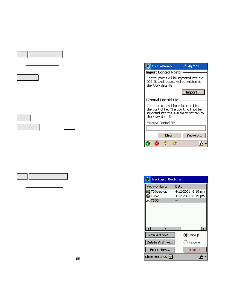 Import control points, Backup / restore job, Import control points backup / restore job | Spectra Precision Survey Pro v4.6 Recon-Nomad Reference Manual User Manual | Page 34 / 481