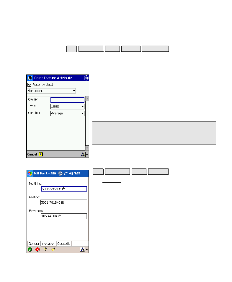 Point feature attributes, Edit point – location | Spectra Precision Survey Pro v4.6 Recon-Nomad Reference Manual User Manual | Page 71 / 481