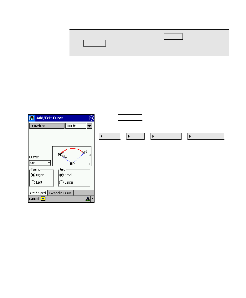 Screen four – add/edit curve, Adding a horizontal curve | Spectra Precision Survey Pro v4.6 Recon-Nomad Reference Manual User Manual | Page 75 / 481