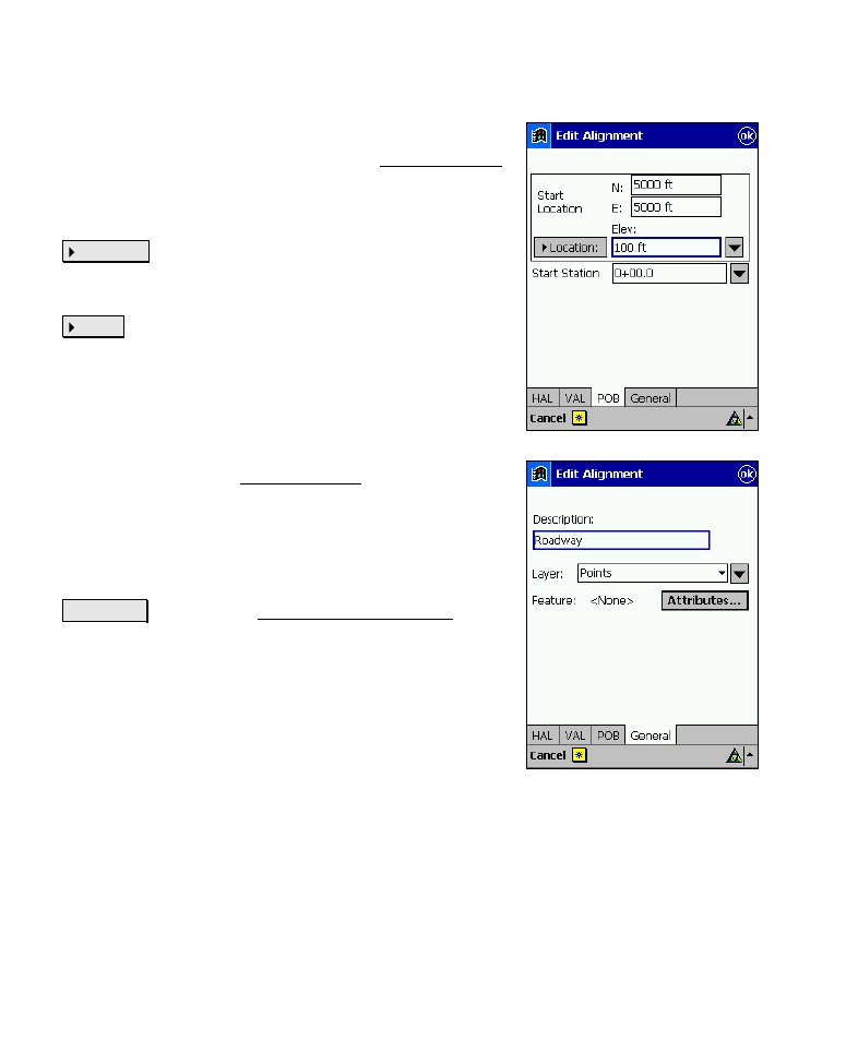 Edit alignment screen – pob tab, Edit alignment screen – general tab | Spectra Precision Survey Pro v4.6 Recon-Nomad Reference Manual User Manual | Page 80 / 481