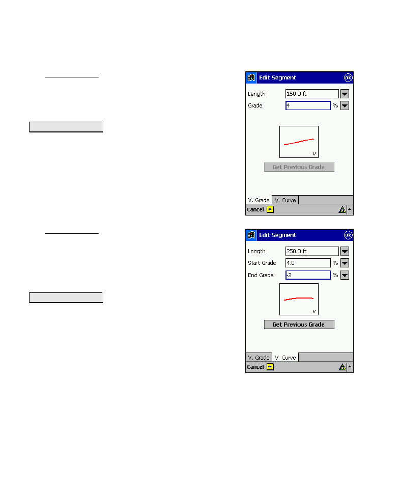 Edit segment – vertical grade card, Edit segment – vertical curve | Spectra Precision Survey Pro v4.6 Recon-Nomad Reference Manual User Manual | Page 84 / 481