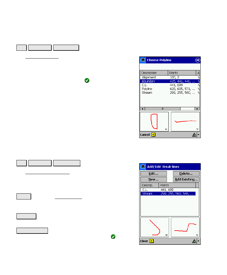 Choose polyline, Add/edit break-lines | Spectra Precision Survey Pro v4.6 Recon-Nomad Reference Manual User Manual | Page 94 / 481