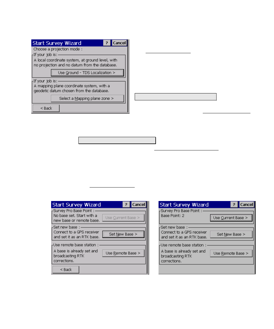 Choose projection mode, Choose base setup | Spectra Precision Survey Pro v4.6 Ranger Reference Manual User Manual | Page 191 / 480